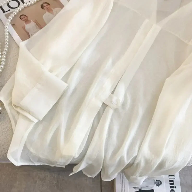 Fashion Back Slit Chiffon Sun Protection Blouse Women Summer New Loose Thin Tops Y2K Korean Chic Long Sleeve Lapel Shirts