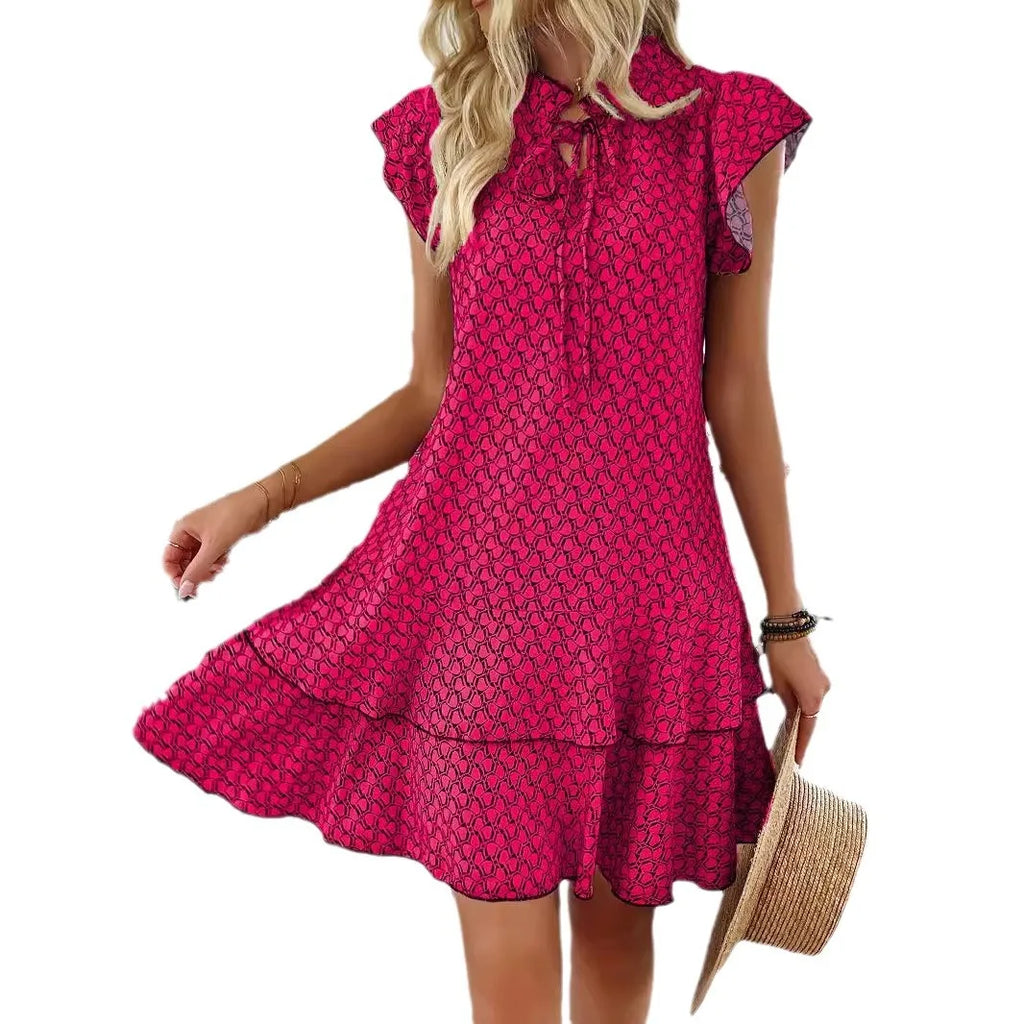 2025 Elegant Women's Casual Loose Ruffle Mini Dress Bohemian Printed V-neck Lace-up Small Flying Sleeve Dresses For Women S-3XL