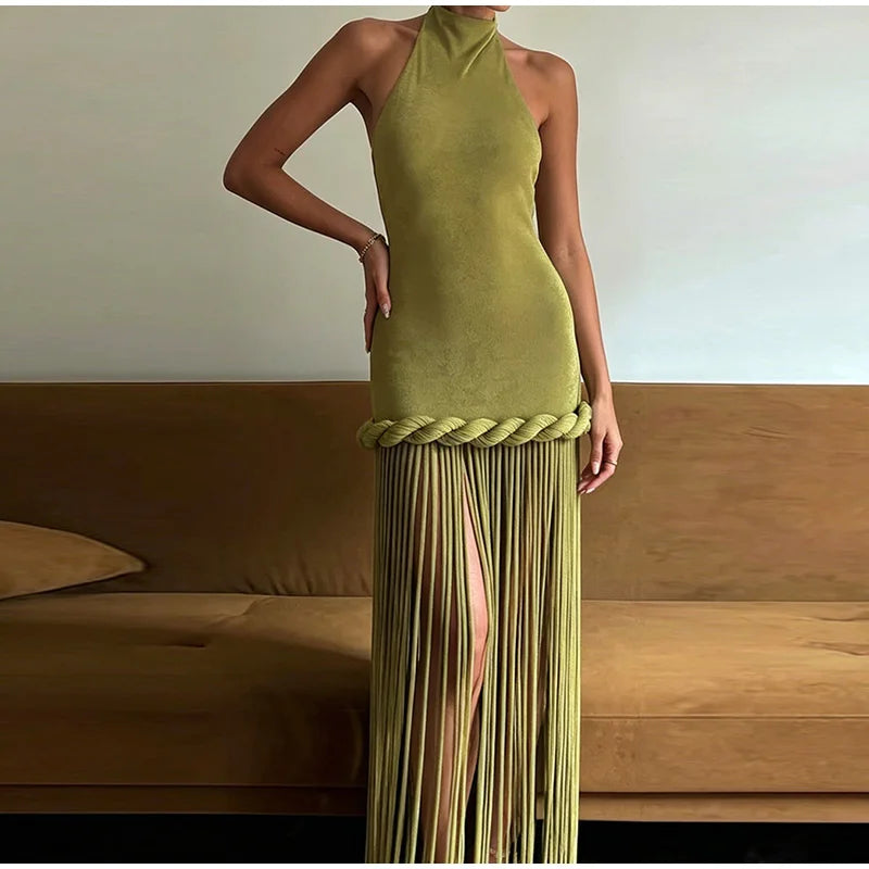 Women Solid Braided Trim Cutout Maxi Dress Sleeveless High Slit Bodycon Fit Gown 2026 Summer Elegant Evening Formal Party Outfit