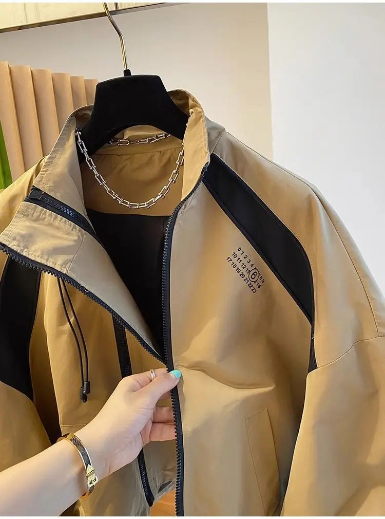 Color-Blocked Loose Casual Stand Up Collar Trench Coat Women's Spring Autumn Patchwork Short Jacket Double Zipper Outwear