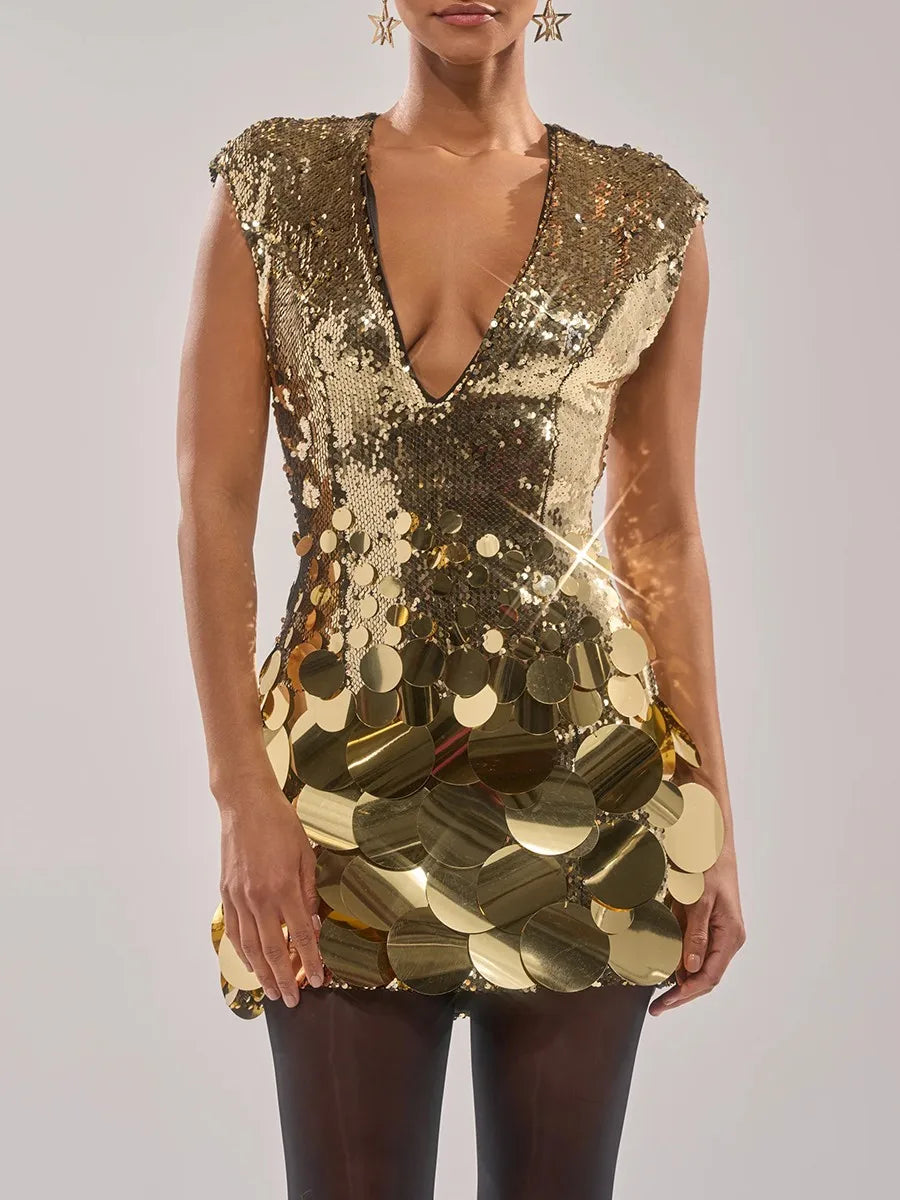 TWOTWINSTYLE Fashion Slimming Spliced Sequins Mini Dresses for Women V Neck Sleeveless Temperament Dress Female Clothing New