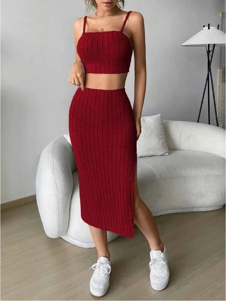 Ribbed Knit Women Two Piece Set Strap Crop Top High Waist Side Slit Midi Skirt Solid Bodycon Matching Outfit Casual Streetwear