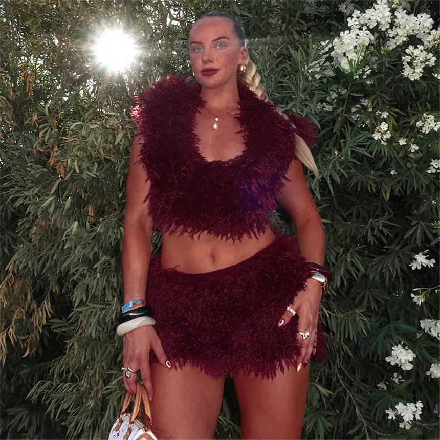 2026 Fall Winter Fashion Faux Fur 2 Piece Set Women Lace Up Backless Hooded Tank Tops + Bodycon Mini Skirts Casual Street Suits