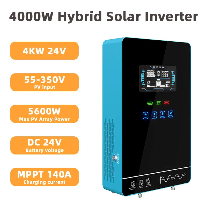 Y&H 4KW Hybrid Solar Inverter 24VDC to 110V/120VAC 4000W Off Grid Pure Sine Wave Solar Inverter with MPPT 140A Solar Charger 50Hz/60Hz