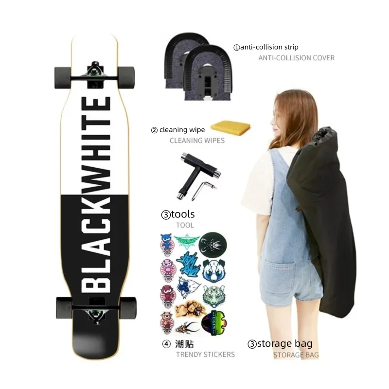 44-inch longboard skateboard for beginners, men, women, adults, professional double-kick dance board, youth maple wood four-whee