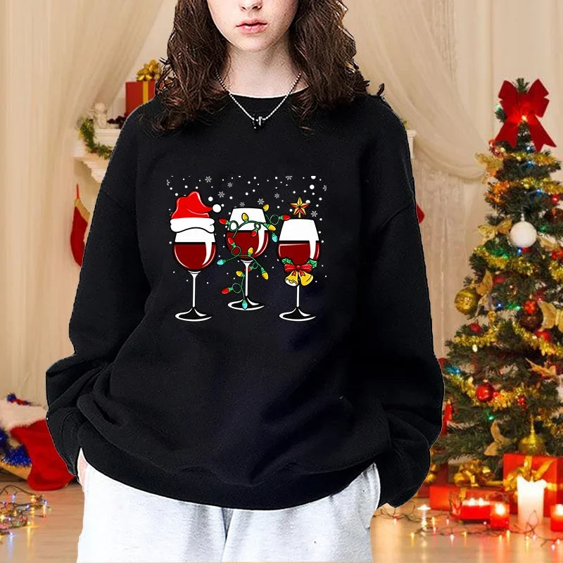 Autumn Winter Fashion Christmas Red Wine Glasses Woman Round Neck Pullover Christmas Casual Loose Sweater Red Wine Glasses Top