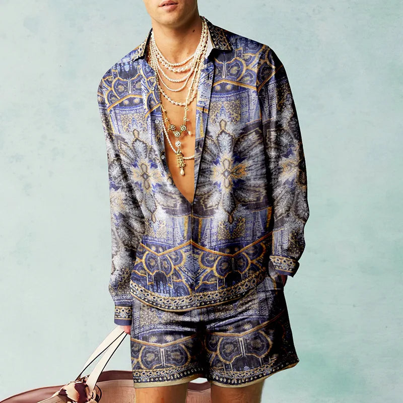 2PCS Suits Men Fashion Shirts+Shorts Two Piece Sets Hawaii Shirts Luxury European Shirt Sets Beach Vocation Outfits Streetwear