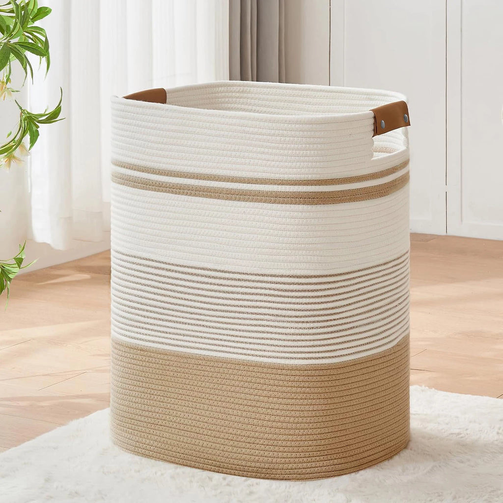 Laundry Basket, Blanket Basket for Bedroom Aesthetic, Laundry Hamper & Blanket Storage for Living Room, Woven Storage Basket
