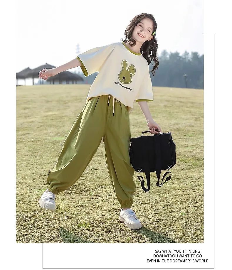 5 6 8 10 12 14 Years Summer Girls Clothing Sets Cute Rabbit Tops + Pants 2Pcs Outfits Kids Tracksuit Teenagers New Kids Clothes