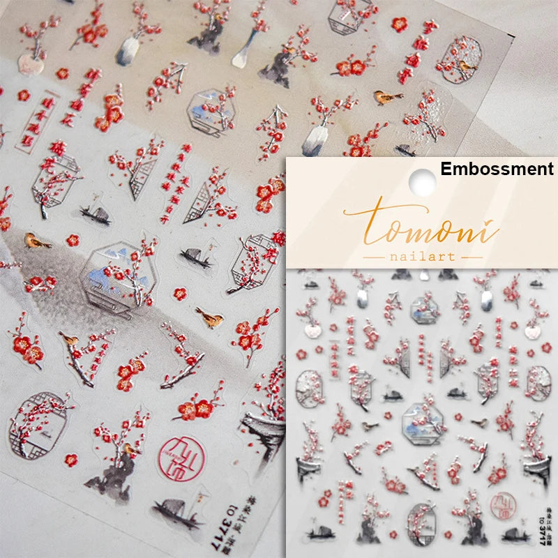 Elegant Chinese Charm Shiny Nine-tailed Fox Mask Red Equinox Flowers Tragedy Love Soft Reliefs Nail Art Stickers Manicure Decals