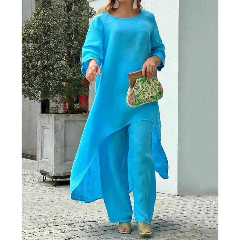 2025 Loose New In Matching Sets Two Piece Outfit 2 Pieces Set For Woman Solid Color Irregular Hem Long Sleeves Wide Legs Trouser