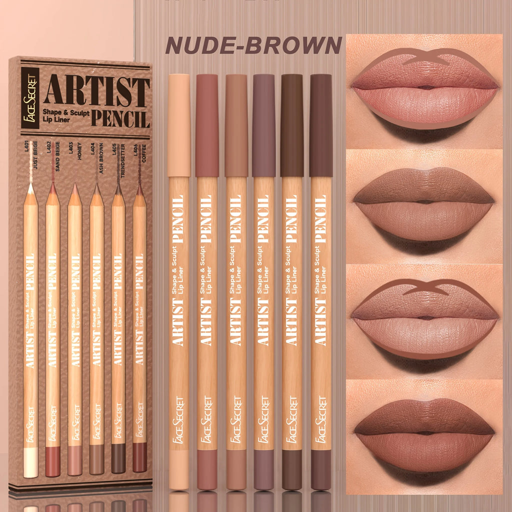 6pcs/SET Nude Lip Liner Makeup Set Waterproof Matte Long Lasting Velvety Texture Lip Liner Lip Combpo, Suitable for Daily Makeup