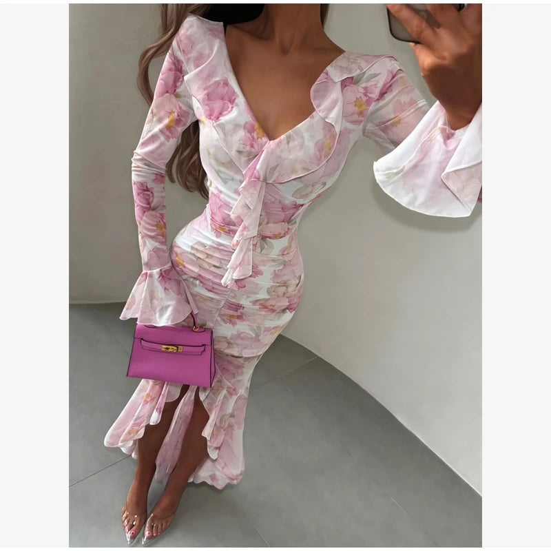 Women Pink Floral Print Maxi Dress Elegant V Neck Ruffle Trim Flare Sleeve Ruched High Chiffon Dresses 2026 Lady Party Vestido