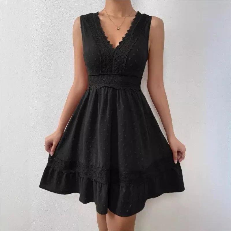 Women's White Party Dress Fashion Lace V-neck Ruffle Hook Flower Hollow Waist Mini Women Dresses Summer Sexy Prom Female Vestido