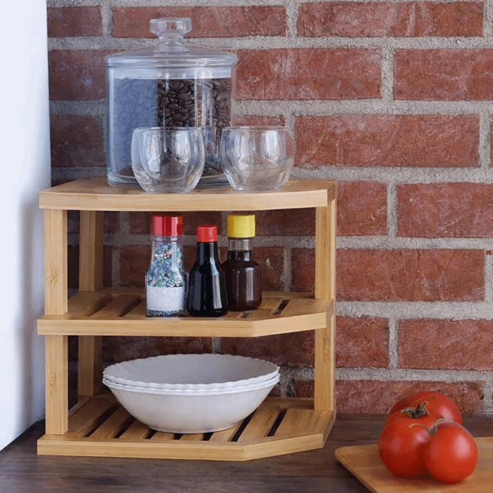 3 Tier Cabinet Organizer Shelf for Kitchen Storage Sturdy Plate Organizer Bamboo Corner Shelf Dish Rack for Cabinet Countertop