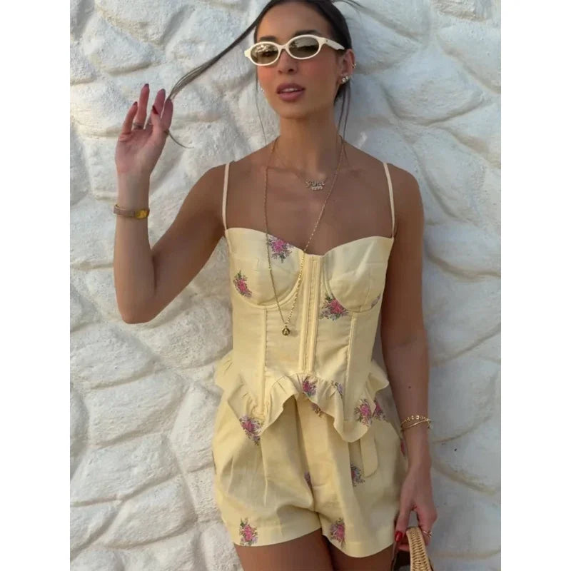 Fashion Print Spaghetti Strap Top Shorts Set Women Sleeveless Ruffled Hem Cropped Fishbone Corset Suit 2026 Lady Vacation Outfit