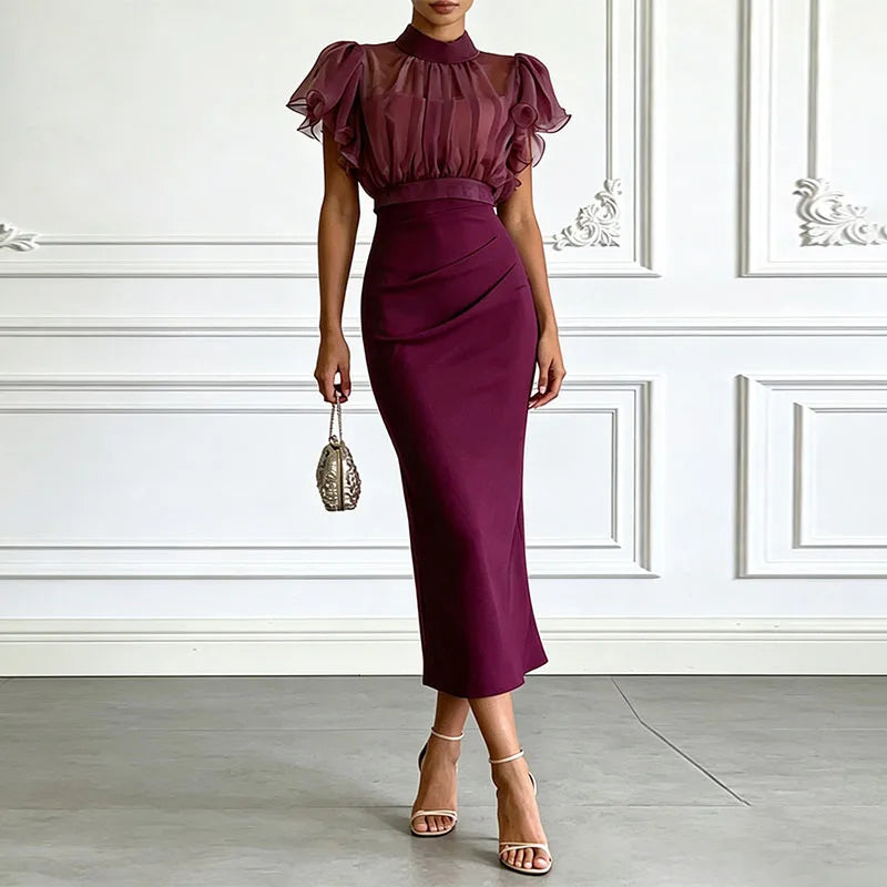 Women Solid 2 Piece Set Stand Collar Ruffle Puff Sleeve Mesh Crop Top & Bodycon Skirt Suits Elegant Wedding Guest Evening Outfit
