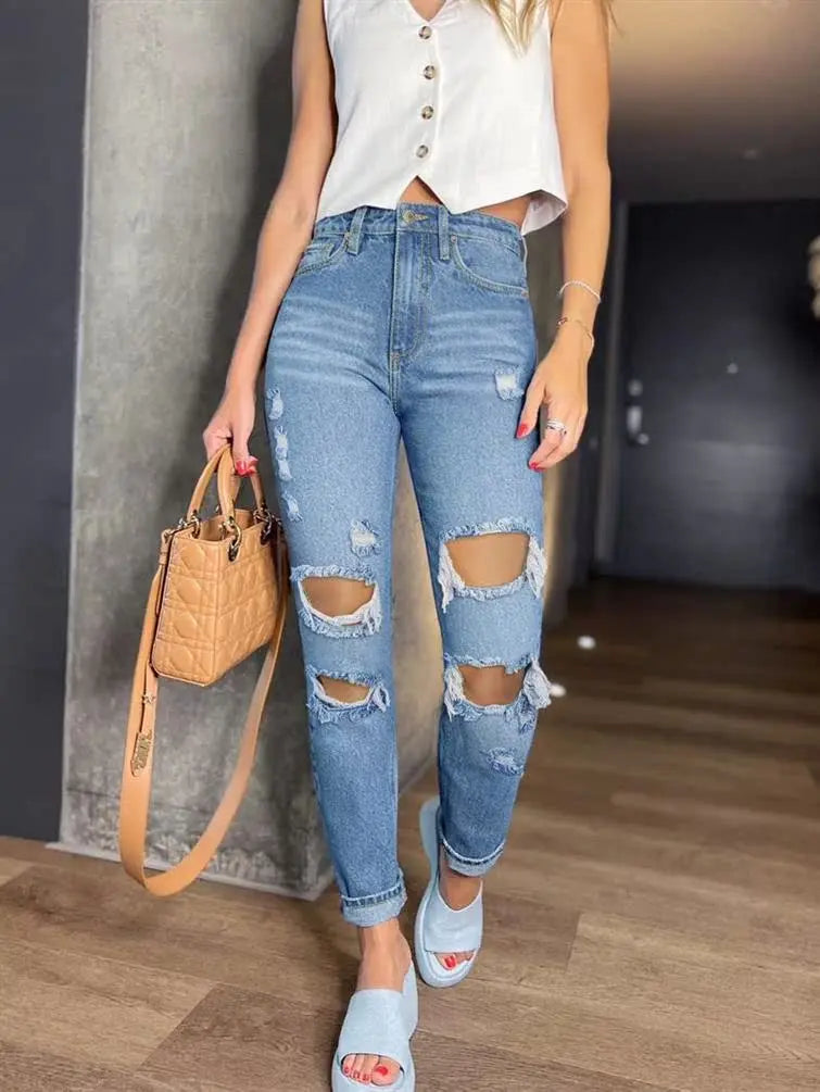 Summer New Casual Washed Street Style Women's Jeans Straight Leg Hole Punching Denim Pants Long Blue Color Fashion Ladies