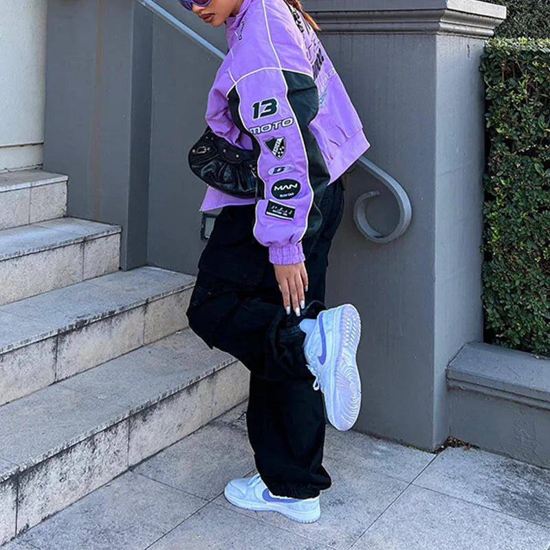 Spring Autumn Bomber Jacket Women Motorcycle Jacket Print Zipper Sweatshirt Long Sleeve Tops Loose Streetwear Hip Hop Coat Trend