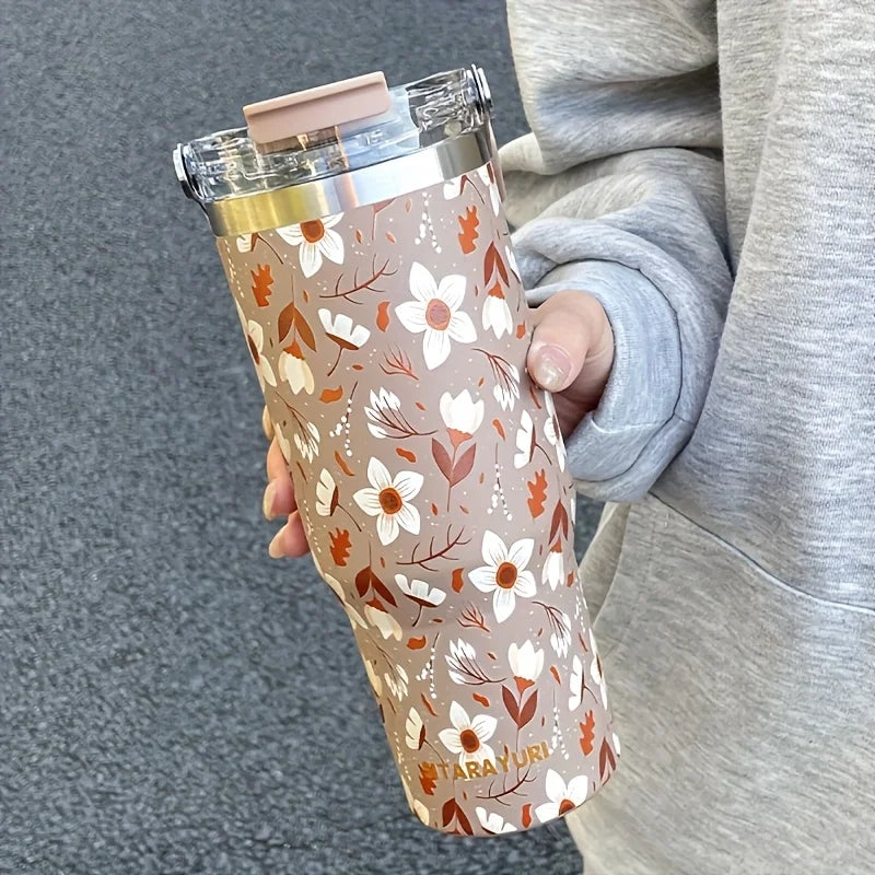 1pc Lightweight Luxury Floral Stainless Steel Thermos Flask 900ML Large Capacity Outdoor Water Bottle with Straw and Handle