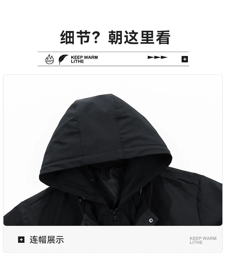 Big Size 9XL Men's Long Trench Coat Hood Fleece Thick Windbreaker Male Autumn Winter Lightweight Plus Large Oversize Hat Zipper