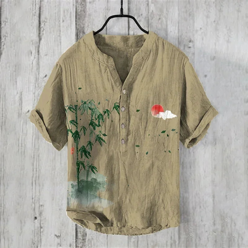 Hot sale Henry shirt 2025 summer men's casual short-sleeved T-shirt floral print top linen blend comfortable fabric XS-6XL size
