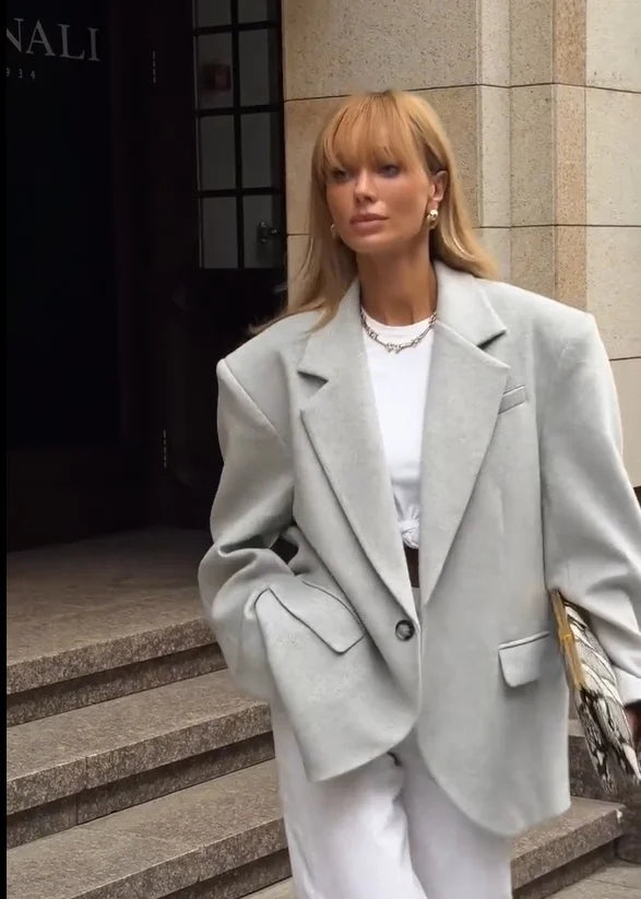 Women Red Fashion Blazer Jacket Lapel Collar Single Button Long Sleeve Loose Casual Coats Oversized Autumn Winter Streetwears