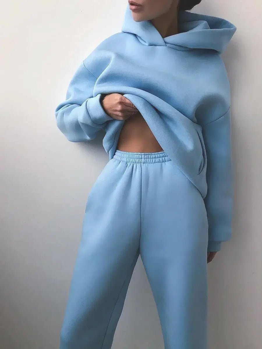 Two Piece Pant Sets Women Solid Thick Sweatshirts Hooded Full Sleeve Elastic Waist Spliced Long Pants Pockets Casual Suits