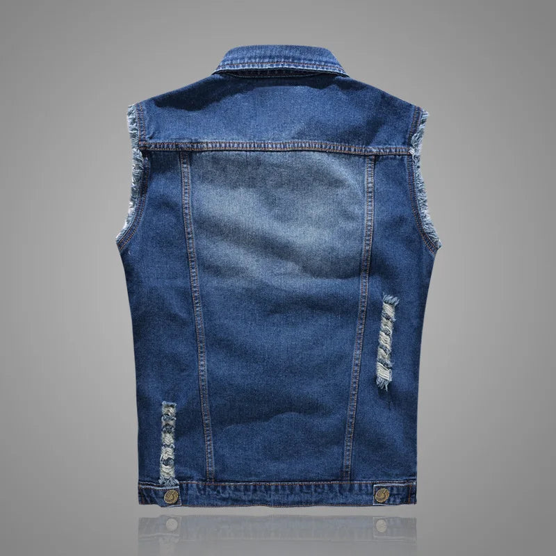 New Fashion Men Ripped Denim Waistcoats Sleeveless Jackets Light Blue Holes Denim Vests Male Cotton Slim Jeans Waistcoats 6XL