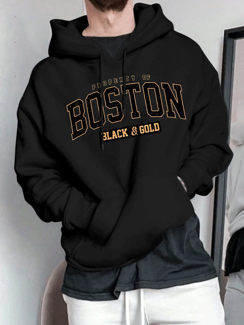 Men's Spring and Autumn Casual Warm Loose Fashion Boston Letter Pattern Printed Long Sleeve Round Neck Hoodie