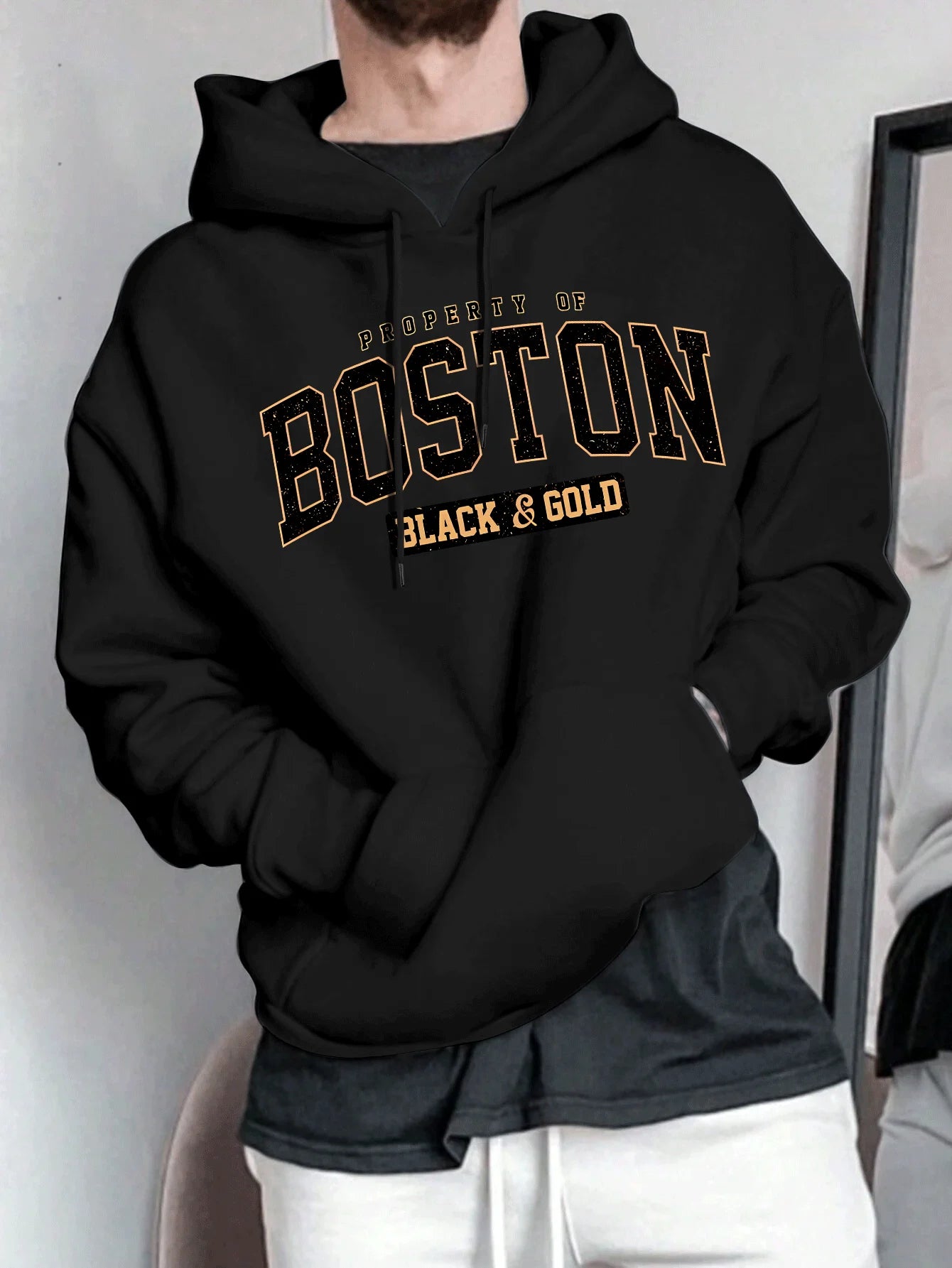Men's Spring and Autumn Casual Warm Loose Fashion Boston Letter Pattern Printed Long Sleeve Round Neck Hoodie