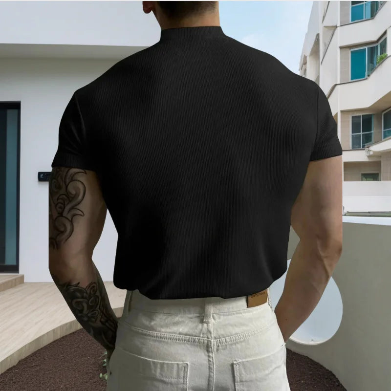 Spring Summer Elastic Comfortable Men's T-Shirt Small High Collar Stripe Shirt Short Sleeve Fitness tops Sports Casual T-Shirt