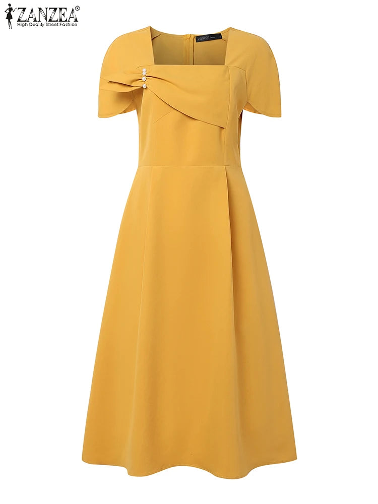 ZANZEA Elegant Chic Women A-Line Dresses Summer Fashion Square Neck Short Sleeve High Waisted Midi Robes Femme Office Vestidos