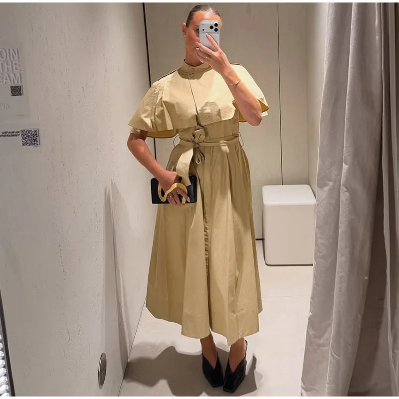 Women's Trench Style Midi Dress Stand Collar Cape Overlay Short Sleeve Belted Waist A‑Line Dresses Autumn Elegant Office Outfits