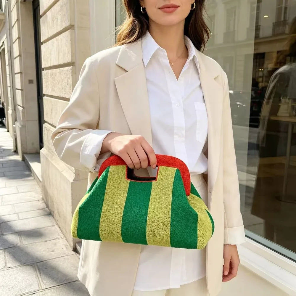 New Woven Bag Hollow-Out Striped Knitted Handbag Fly-Knitted Cloud Versatile Portable Cosmetic Bag