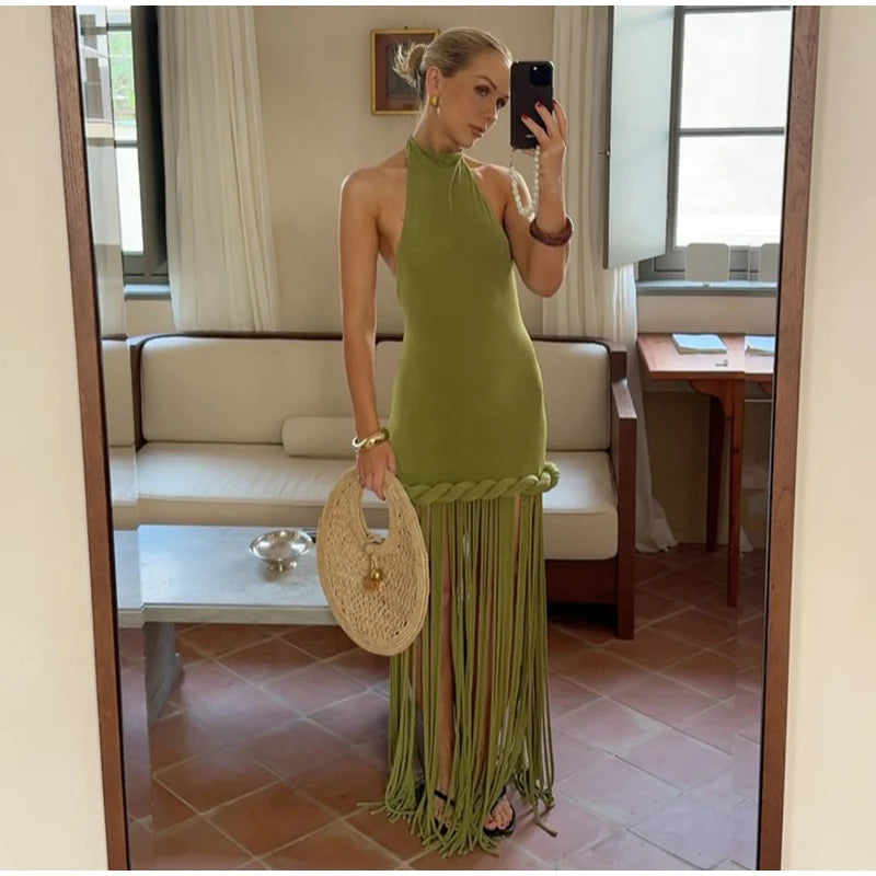 Women Solid Braided Trim Cutout Maxi Dress Sleeveless High Slit Bodycon Fit Gown 2026 Summer Elegant Evening Formal Party Outfit