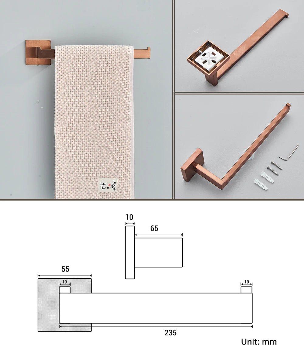 Rose Gold Bathroom Accessories Set Hardware Paper Holder Towel Bar Rack Rail Rod Robe Hook Hanger Wall Mount Brushed Rose Gold