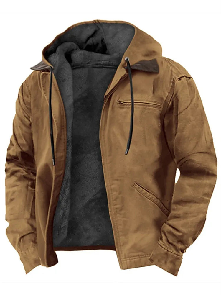 Winter New Men Casual Jackets Hooded Zipper Pocket Fashion Solid Color Fleece Warm Outerwear Male Outdoor Hooded Hoodie Coats