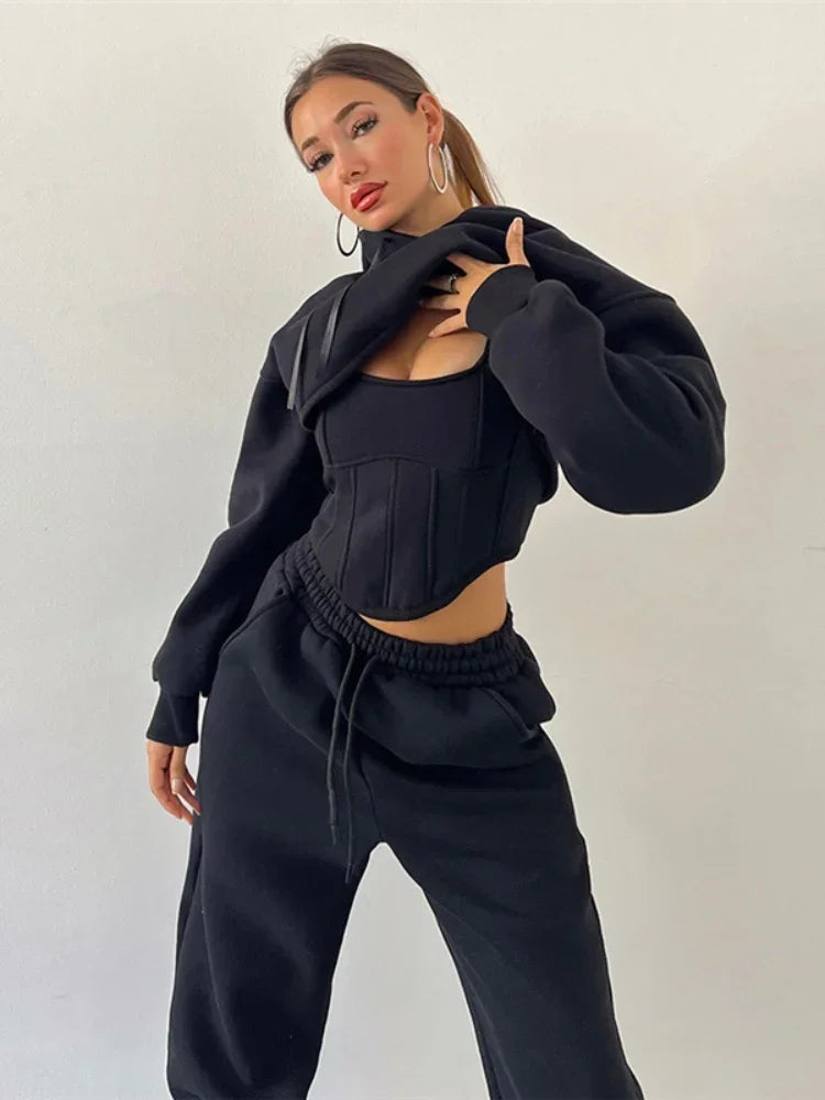 Women Solid 3 Piece Tracksuit Set Cropped Hoodie Corset Waist Vest Wide Leg Pants Casual Autumn Lady Streetwear Matching Outfits