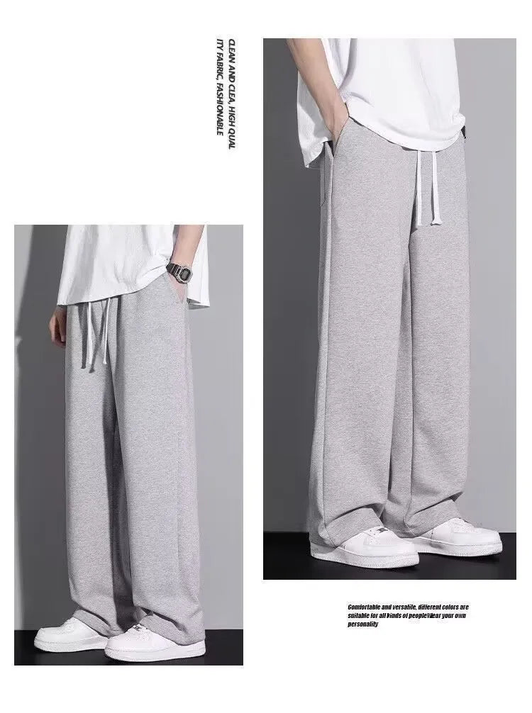 Men's Casual Straight Leg Drawstring Sweatpants Versatile Leisure Long Trousers Student Sports Pants Polyester Fiber Elastic