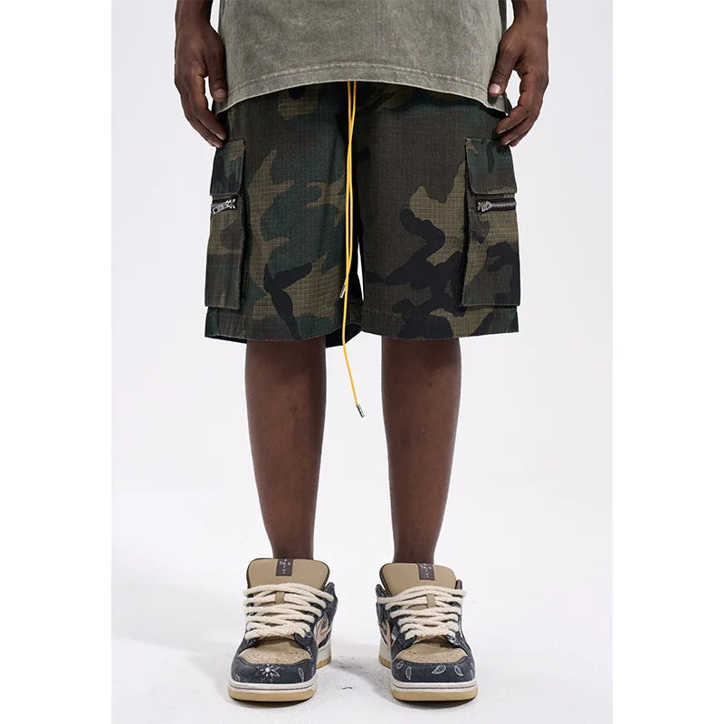 High Street Washing Trend Camouflage Tooling Shorts Men's Retro Casual Loose Summer Drawstring Versatile Trend Five-Point Pants