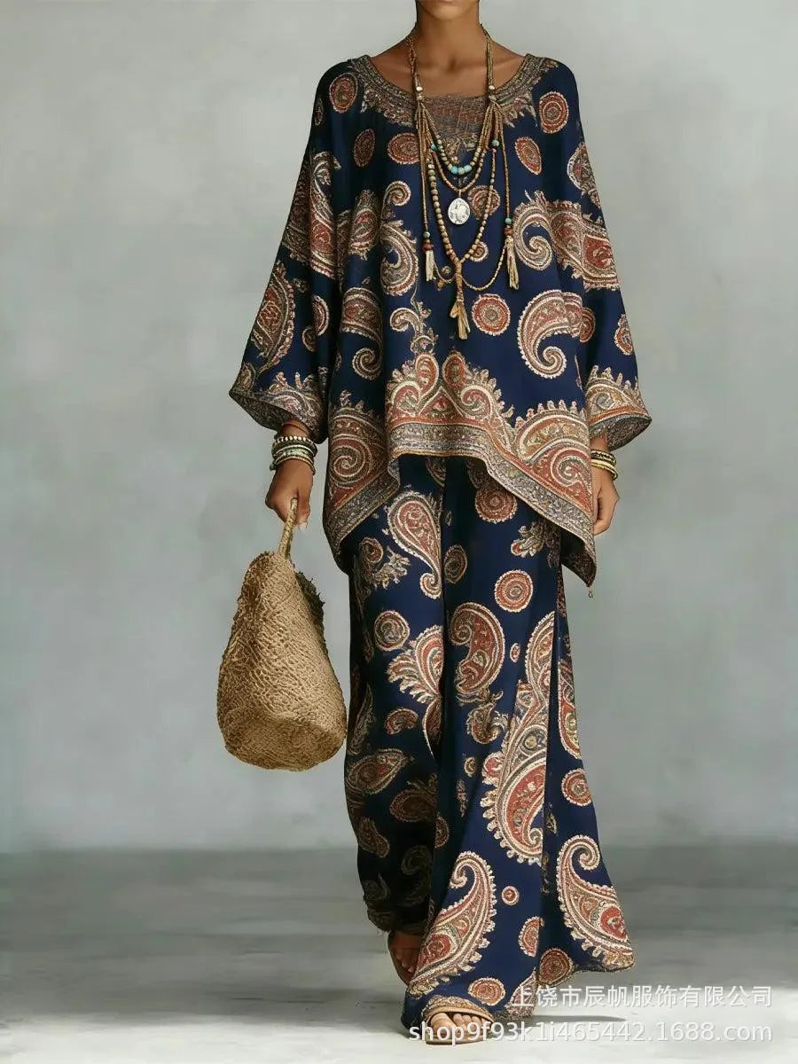 Bohemian Foreign Style Printed Women's Two-piece Set Spring Fashion O-neck Loose Top+wide Leg Pants Suit Ladies Office Outfit