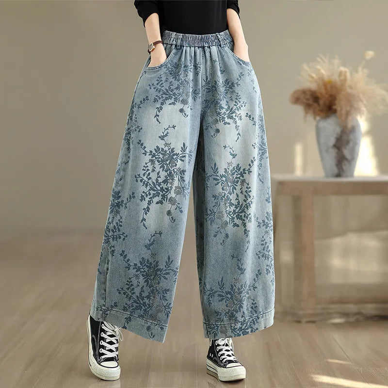Spring Summer Retro Printed Denim Pants for Women Good Quality Elastic Waist Jeans Loose Casual Wide Leg Straight Trouser
