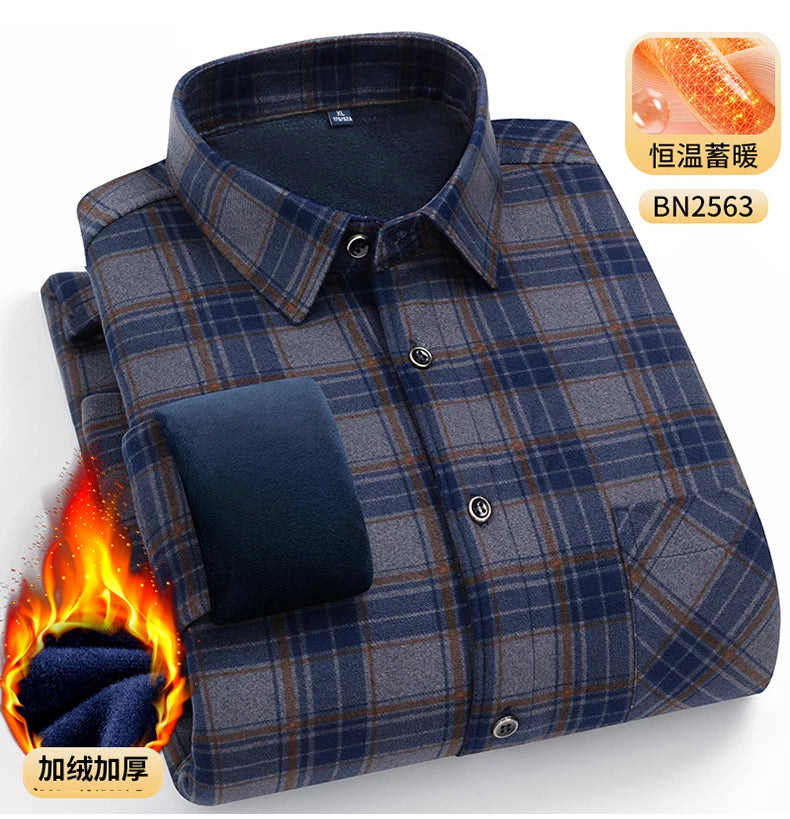 Men's Warm Long-Sleeved Shirt with Double-Sided Fleece, Winter Casual, Cold-Resistant, Street Fashion, Comfortable and Versatile