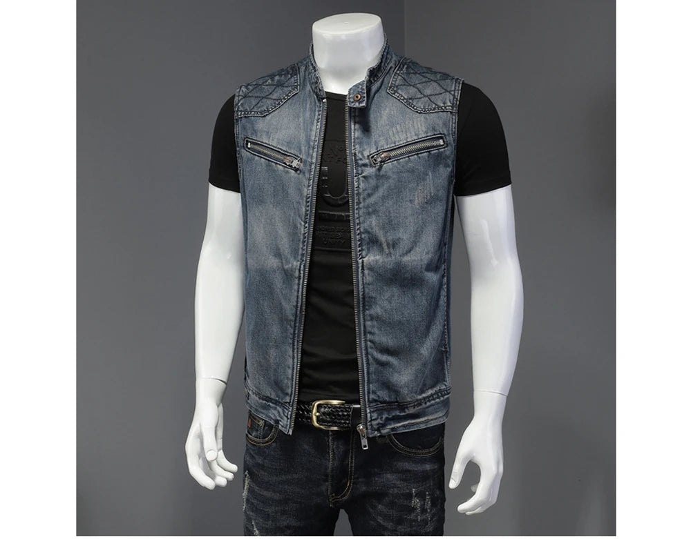 DIMUSI Mens Denim Vests Vintage Fashion Design Retor Sleeveless Jackets Men Streetwear Ripped Hole Punk Jean Waistcoats Clothing