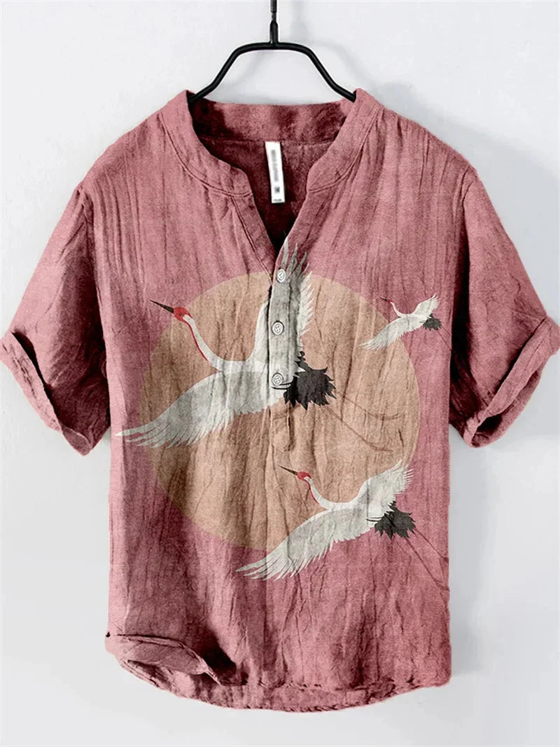 Hot sale Henry shirt 2025 summer men's casual short-sleeved T-shirt floral print top linen blend comfortable fabric XS-6XL size