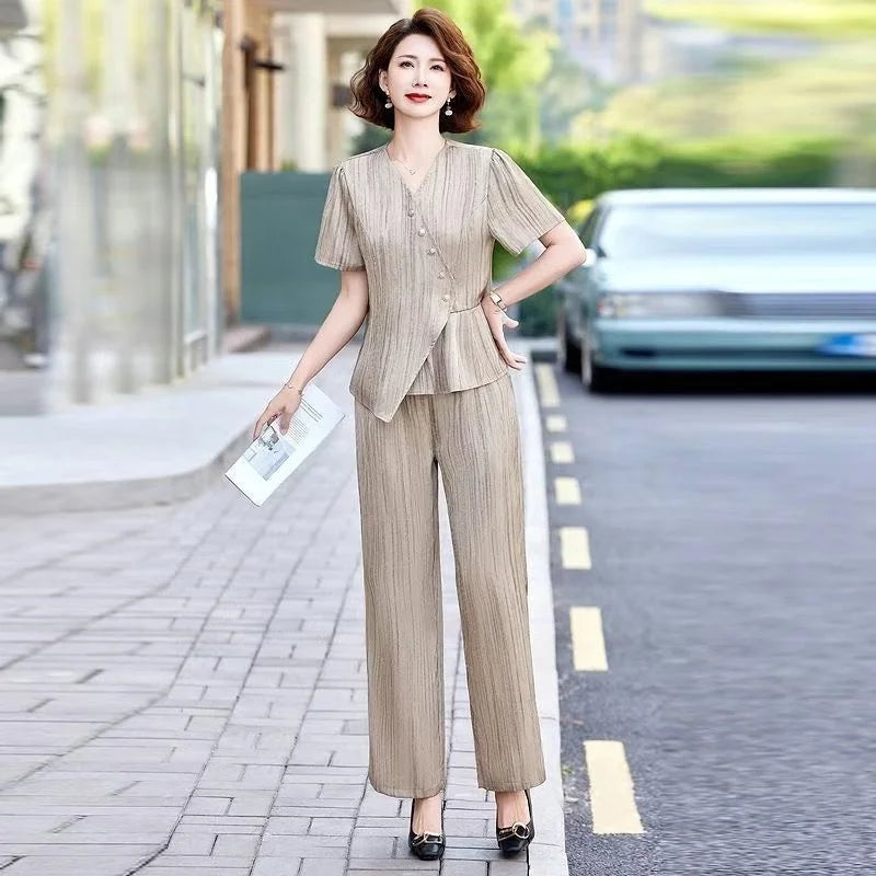 2025 Female Fashion Short Sleeve 2PCS French Women New Two-piece Set Summer Middle Aged Mother Solid Color Wide Leg Pants Outfit