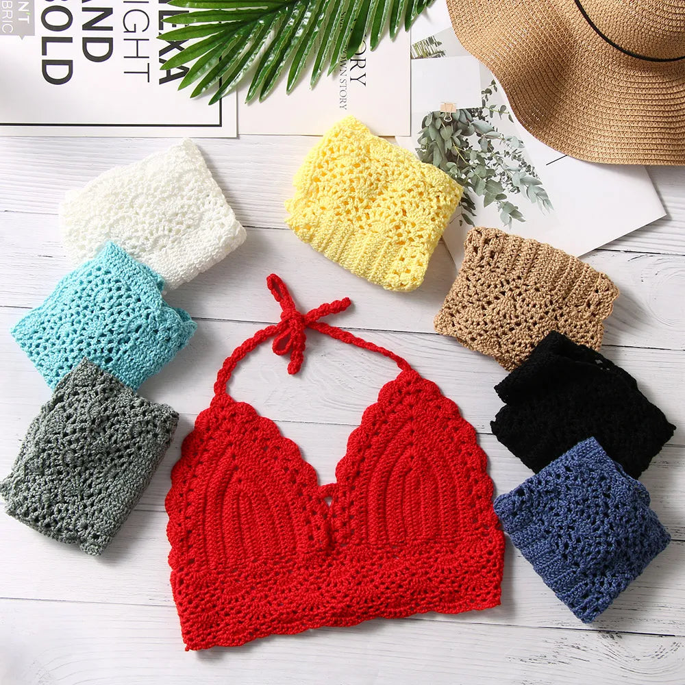 Women Summer Sexy Bikini Crochet Crop Top Boho Beach Camisoles Knit Bralette Bra Halter Neck Vest Holiday Beachwear
