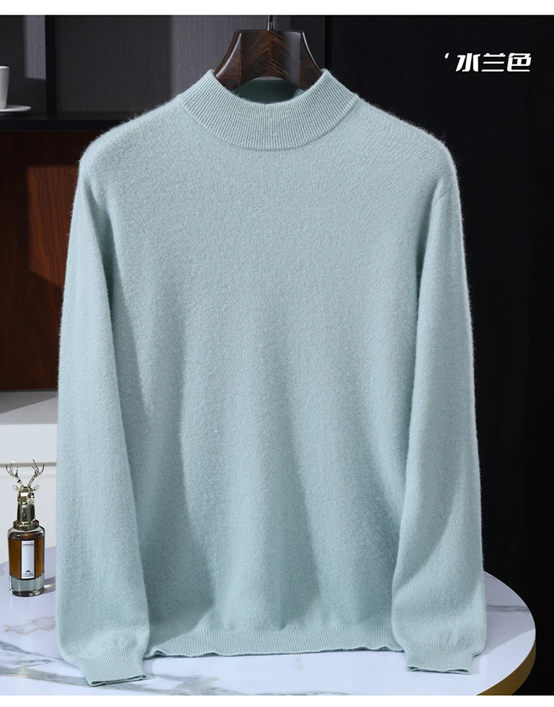 Autumn/Winter Men's 100% Pure Cashmere Pullover Business Casual Solid Knitted Sweater Loose Half High Neck Tops Thick Jumper