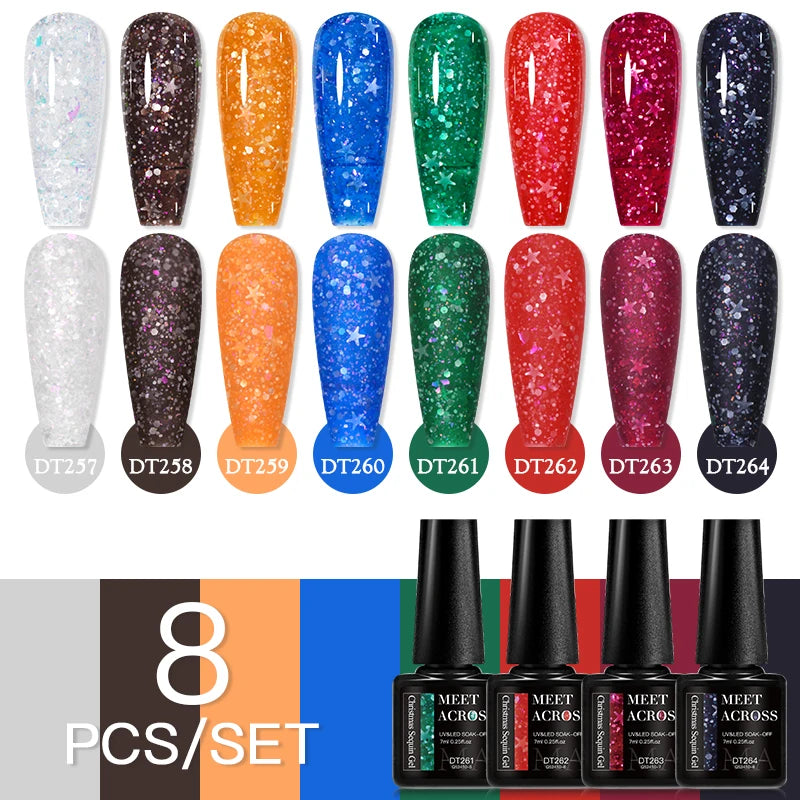 MEET ACROSS 6/8Pcs Set Glitter Gel Nail Polish Autumn Winter Nail Art Varnishes Semi Permanent Soak Off UV Gel Kit Nails Lacquer